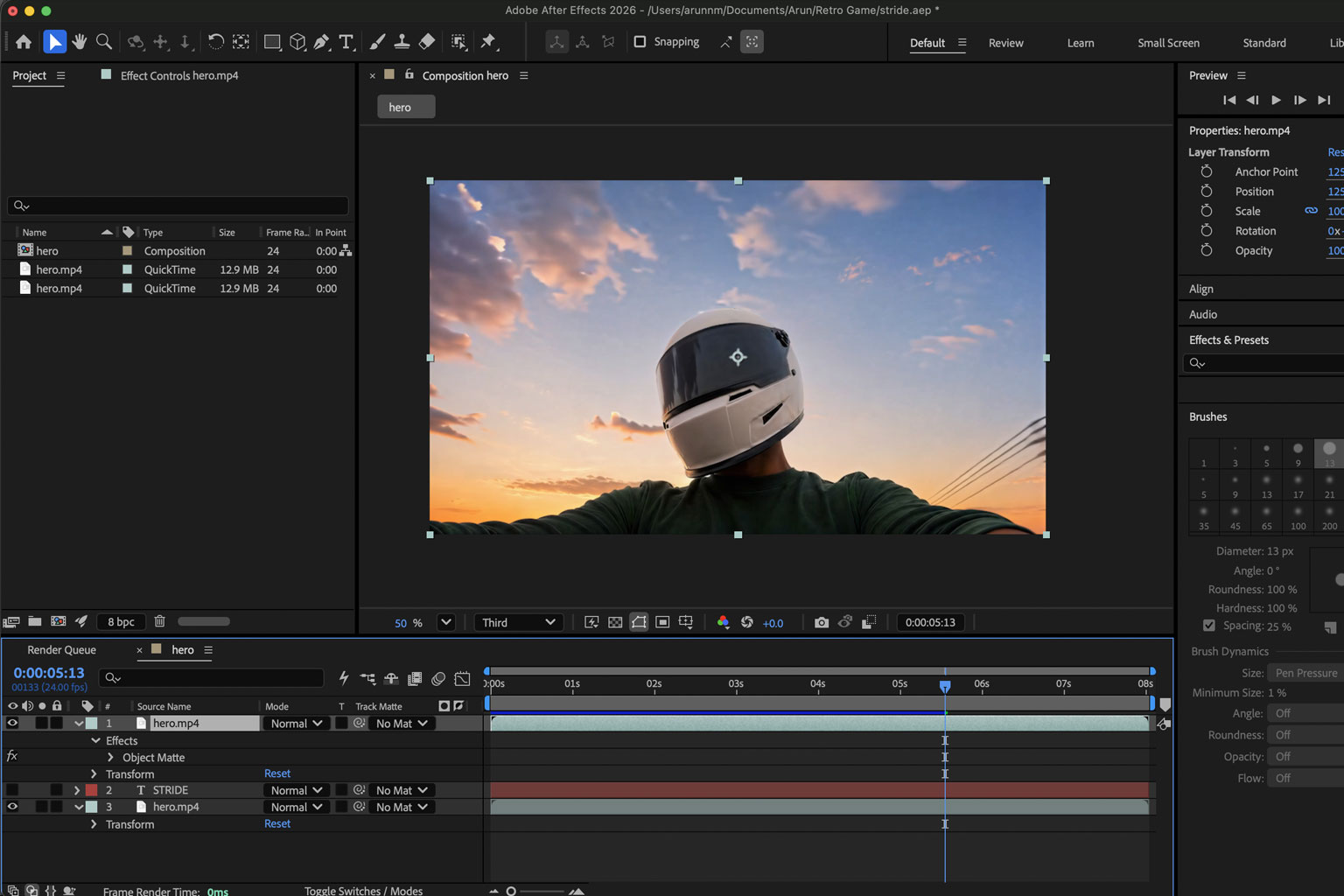 After Effects pass on the relit night video. Brightness, levels and mood adjusted so the night treatment sits deeper and more realistic.