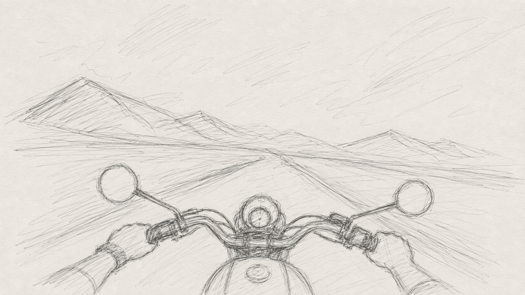 Reference POV. First-person motorcycle view. Helmet, hands, handlebars, fuel tank, horizon.