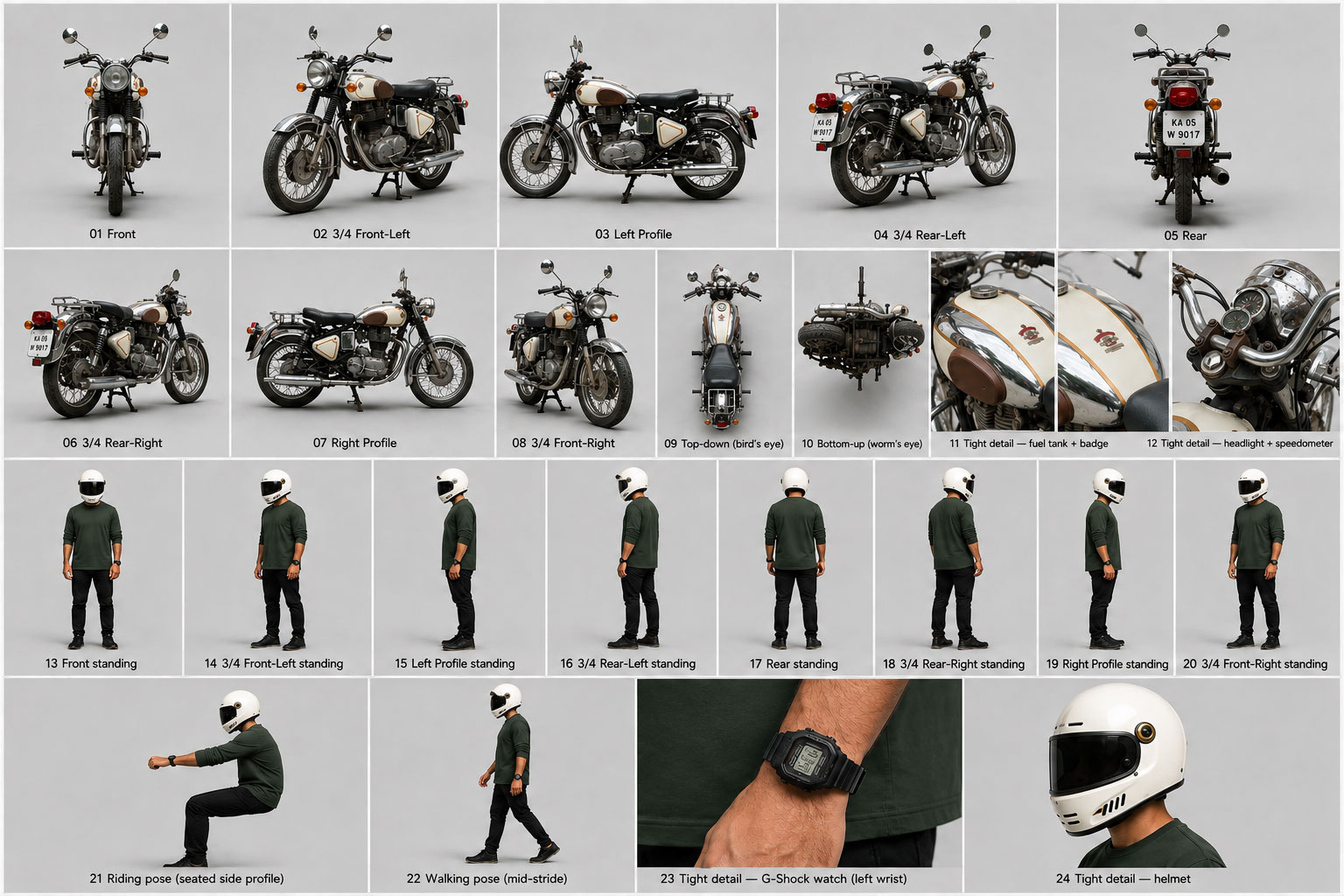 Three character sheets side by side. Rider, motorcycle, helmet. Each with multiple angles laid out.