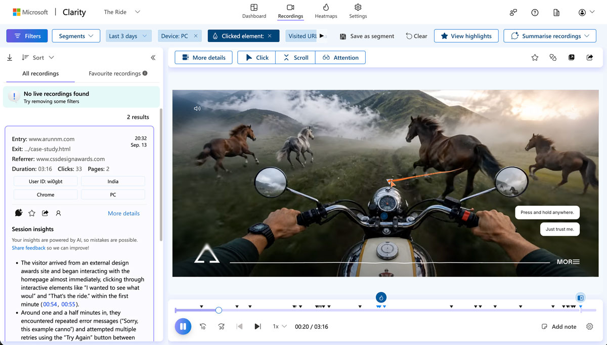 Microsoft Clarity session recording of a real visit to The Ride - the Bandipur horses scene playing with cursor trace overlay, and session insights on the left listing entry / exit / referrer / device details.