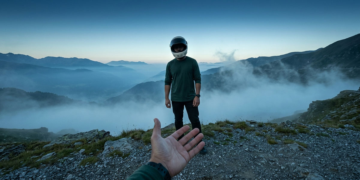 A rider in a helmet standing on a misty mountain ridge at dusk, one hand outstretched inviting the viewer to come along.