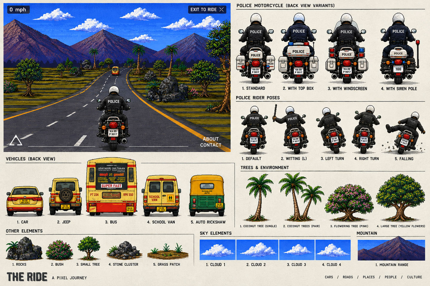 The Ride - A Pixel Journey. Sprite sheet of the retro racer's assets: first-person road scene with the police motorcycle, back-view variants and rider poses, Indian street vehicles, trees, rocks, clouds and a mountain range.