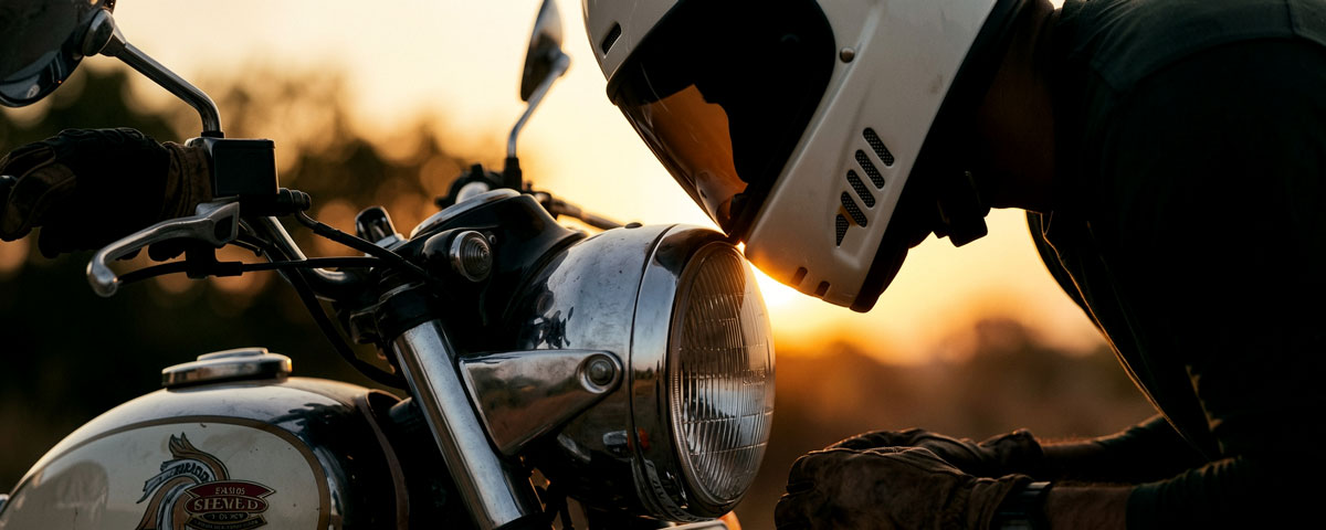 A rider leaning in close to the motorcycle at sunset, helmet visor almost touching the round chrome headlight.