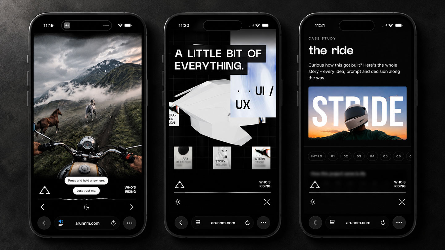 Three iPhone mockups of the site on mobile. Left - the Bandipur horses ride scene with press-and-hold nudge, chevron scene arrows, night toggle and Who's Riding label. Middle - the About page with 'A little bit of everything' heading, floating helmet and discipline tiles. Right - the case study page with the ride banner and chapter rail.